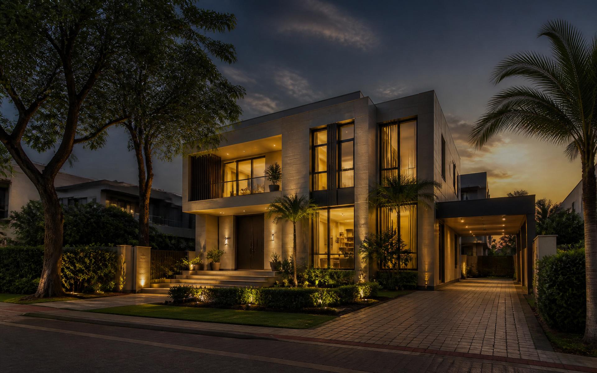 Modern freehold villa in Delhi NCR at twilight